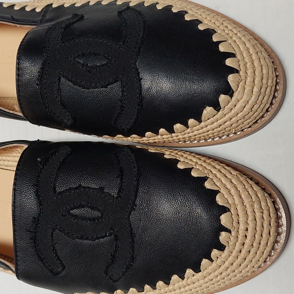 Chanel raffia espadriles lambskin black leather NWOB - Picture 2 of 9